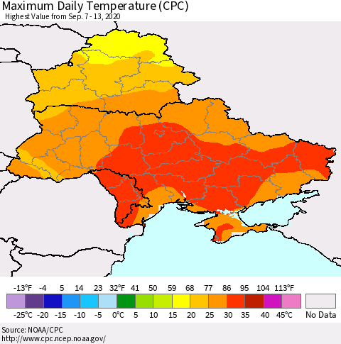 Ukraine, Moldova and Belarus Maximum Daily Temperature (CPC) Thematic Map For 9/7/2020 - 9/13/2020