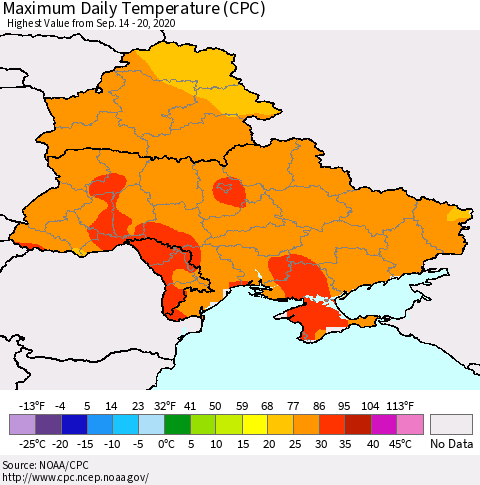 Ukraine, Moldova and Belarus Maximum Daily Temperature (CPC) Thematic Map For 9/14/2020 - 9/20/2020
