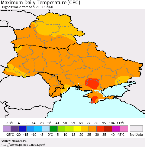 Ukraine, Moldova and Belarus Extreme Maximum Temperature (CPC) Thematic Map For 9/21/2020 - 9/27/2020