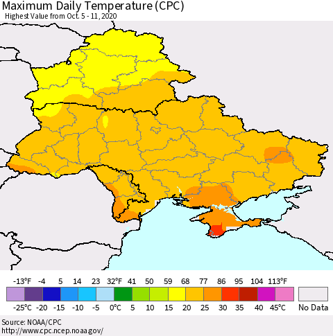 Ukraine, Moldova and Belarus Maximum Daily Temperature (CPC) Thematic Map For 10/5/2020 - 10/11/2020