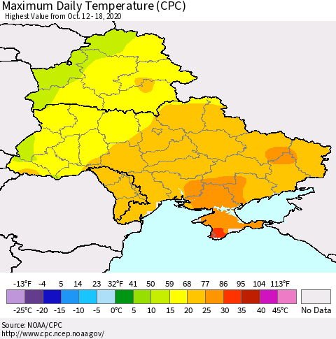 Ukraine, Moldova and Belarus Maximum Daily Temperature (CPC) Thematic Map For 10/12/2020 - 10/18/2020