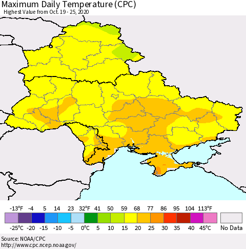 Ukraine, Moldova and Belarus Maximum Daily Temperature (CPC) Thematic Map For 10/19/2020 - 10/25/2020