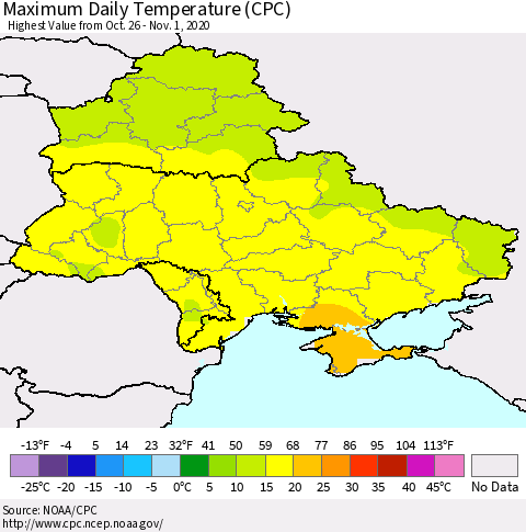 Ukraine, Moldova and Belarus Maximum Daily Temperature (CPC) Thematic Map For 10/26/2020 - 11/1/2020