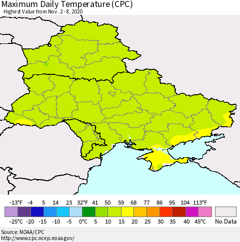 Ukraine, Moldova and Belarus Extreme Maximum Temperature (CPC) Thematic Map For 11/2/2020 - 11/8/2020