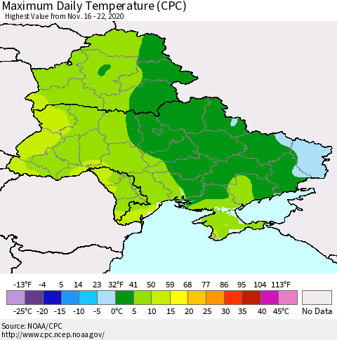 Ukraine, Moldova and Belarus Extreme Maximum Temperature (CPC) Thematic Map For 11/16/2020 - 11/22/2020