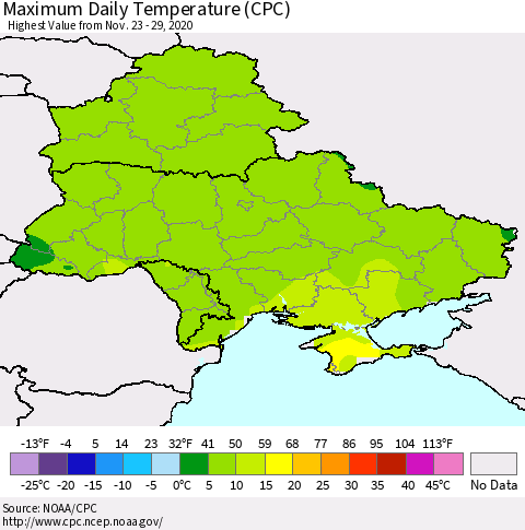 Ukraine, Moldova and Belarus Extreme Maximum Temperature (CPC) Thematic Map For 11/23/2020 - 11/29/2020
