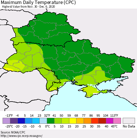 Ukraine, Moldova and Belarus Maximum Daily Temperature (CPC) Thematic Map For 11/30/2020 - 12/6/2020