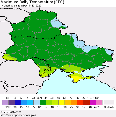 Ukraine, Moldova and Belarus Maximum Daily Temperature (CPC) Thematic Map For 12/7/2020 - 12/13/2020