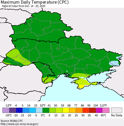 Ukraine, Moldova and Belarus Extreme Maximum Temperature (CPC) Thematic Map For 12/14/2020 - 12/20/2020