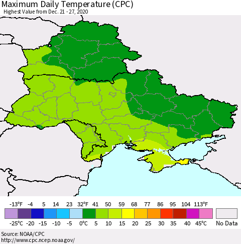 Ukraine, Moldova and Belarus Extreme Maximum Temperature (CPC) Thematic Map For 12/21/2020 - 12/27/2020
