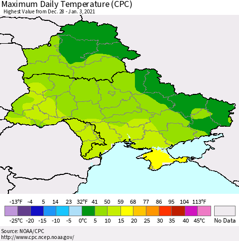 Ukraine, Moldova and Belarus Extreme Maximum Temperature (CPC) Thematic Map For 12/28/2020 - 1/3/2021