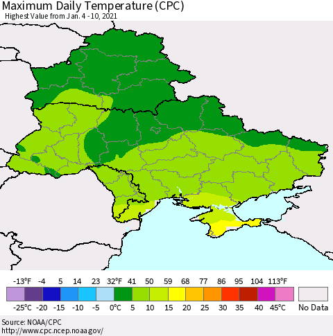 Ukraine, Moldova and Belarus Extreme Maximum Temperature (CPC) Thematic Map For 1/4/2021 - 1/10/2021