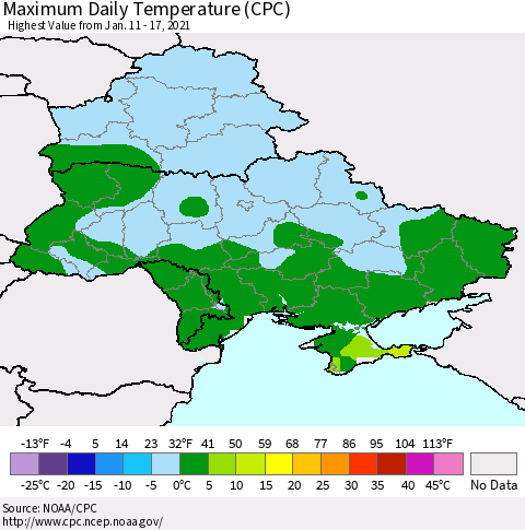 Ukraine, Moldova and Belarus Maximum Daily Temperature (CPC) Thematic Map For 1/11/2021 - 1/17/2021