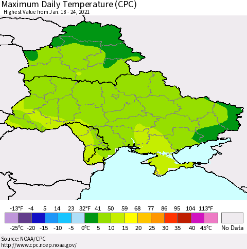Ukraine, Moldova and Belarus Extreme Maximum Temperature (CPC) Thematic Map For 1/18/2021 - 1/24/2021