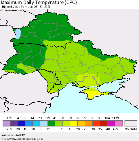 Ukraine, Moldova and Belarus Maximum Daily Temperature (CPC) Thematic Map For 1/25/2021 - 1/31/2021