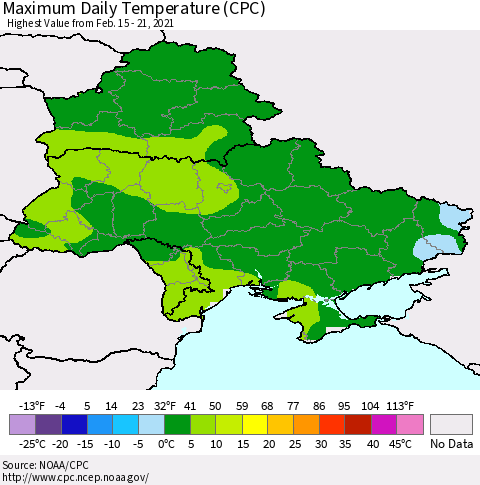 Ukraine, Moldova and Belarus Maximum Daily Temperature (CPC) Thematic Map For 2/15/2021 - 2/21/2021