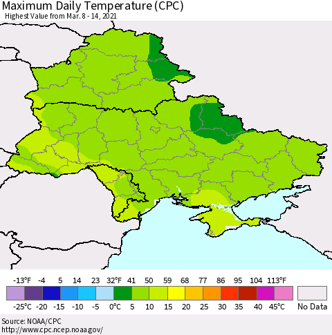Ukraine, Moldova and Belarus Maximum Daily Temperature (CPC) Thematic Map For 3/8/2021 - 3/14/2021