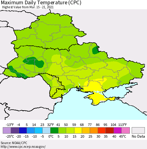 Ukraine, Moldova and Belarus Extreme Maximum Temperature (CPC) Thematic Map For 3/15/2021 - 3/21/2021