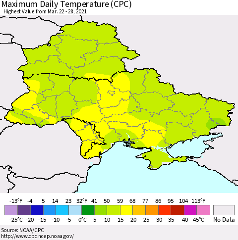 Ukraine, Moldova and Belarus Extreme Maximum Temperature (CPC) Thematic Map For 3/22/2021 - 3/28/2021