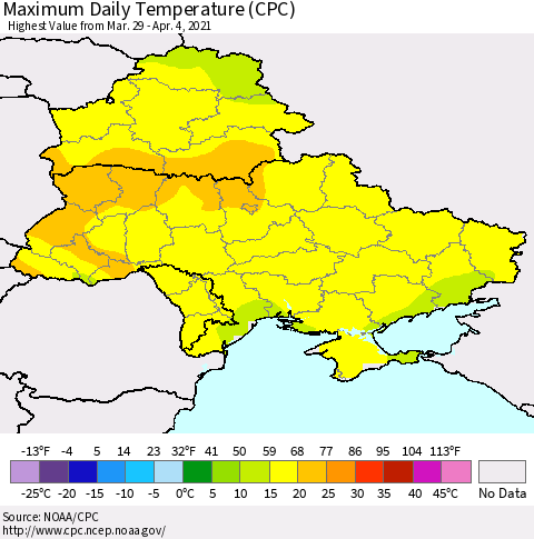 Ukraine, Moldova and Belarus Maximum Daily Temperature (CPC) Thematic Map For 3/29/2021 - 4/4/2021