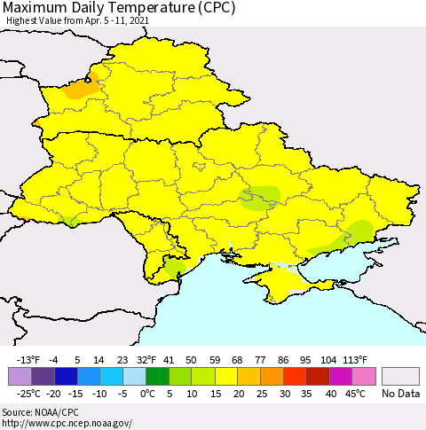 Ukraine, Moldova and Belarus Maximum Daily Temperature (CPC) Thematic Map For 4/5/2021 - 4/11/2021