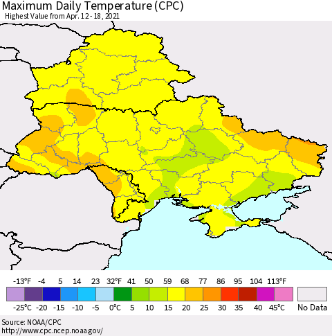 Ukraine, Moldova and Belarus Extreme Maximum Temperature (CPC) Thematic Map For 4/12/2021 - 4/18/2021