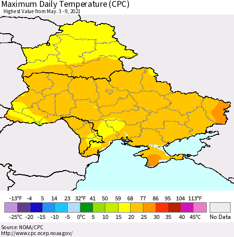 Ukraine, Moldova and Belarus Extreme Maximum Temperature (CPC) Thematic Map For 5/3/2021 - 5/9/2021