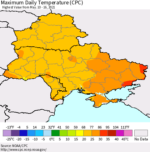 Ukraine, Moldova and Belarus Maximum Daily Temperature (CPC) Thematic Map For 5/10/2021 - 5/16/2021