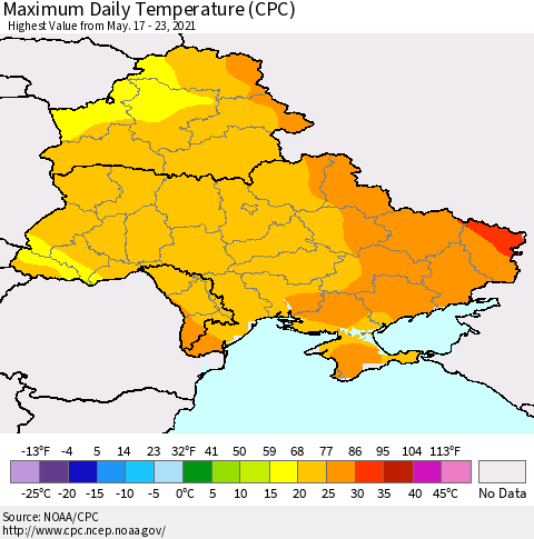 Ukraine, Moldova and Belarus Maximum Daily Temperature (CPC) Thematic Map For 5/17/2021 - 5/23/2021