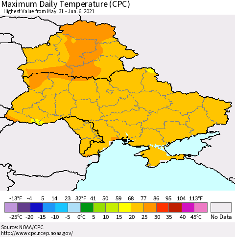 Ukraine, Moldova and Belarus Extreme Maximum Temperature (CPC) Thematic Map For 5/31/2021 - 6/6/2021