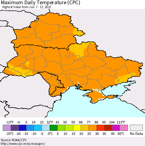Ukraine, Moldova and Belarus Extreme Maximum Temperature (CPC) Thematic Map For 6/7/2021 - 6/13/2021