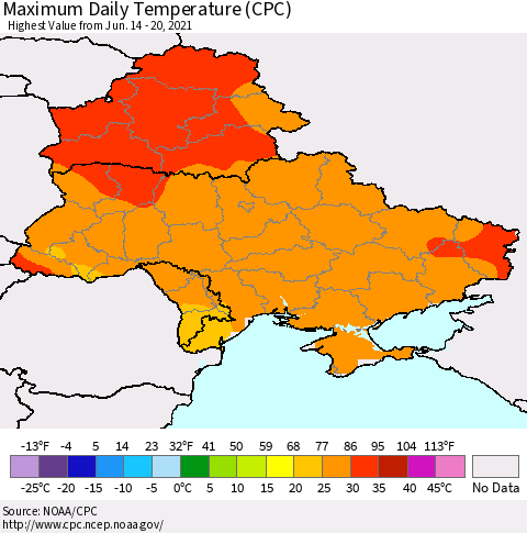 Ukraine, Moldova and Belarus Maximum Daily Temperature (CPC) Thematic Map For 6/14/2021 - 6/20/2021