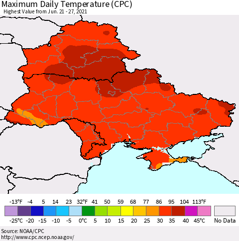 Ukraine, Moldova and Belarus Maximum Daily Temperature (CPC) Thematic Map For 6/21/2021 - 6/27/2021