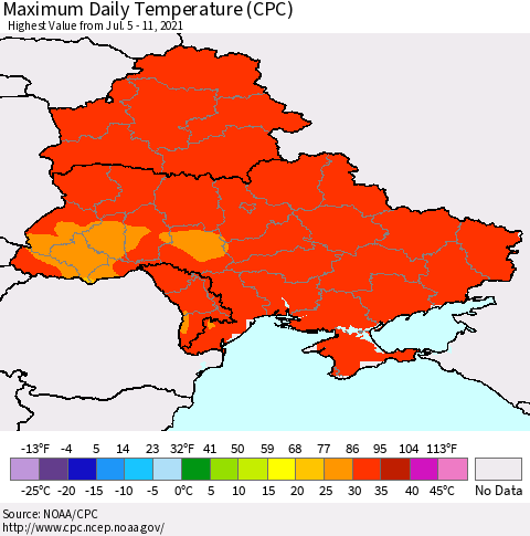 Ukraine, Moldova and Belarus Maximum Daily Temperature (CPC) Thematic Map For 7/5/2021 - 7/11/2021