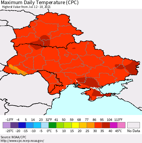 Ukraine, Moldova and Belarus Extreme Maximum Temperature (CPC) Thematic Map For 7/12/2021 - 7/18/2021