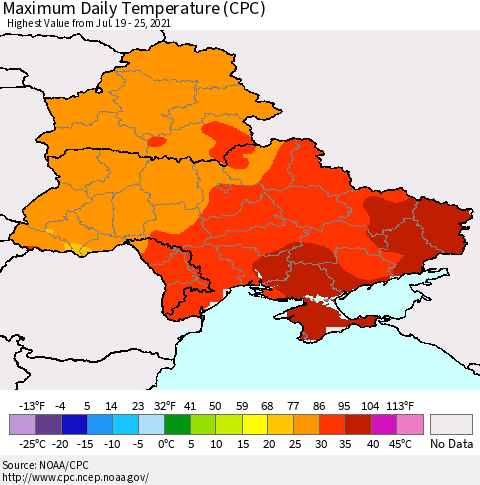 Ukraine, Moldova and Belarus Extreme Maximum Temperature (CPC) Thematic Map For 7/19/2021 - 7/25/2021