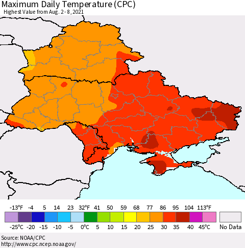Ukraine, Moldova and Belarus Extreme Maximum Temperature (CPC) Thematic Map For 8/2/2021 - 8/8/2021