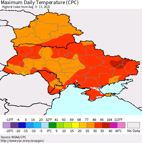 Ukraine, Moldova and Belarus Maximum Daily Temperature (CPC) Thematic Map For 8/9/2021 - 8/15/2021