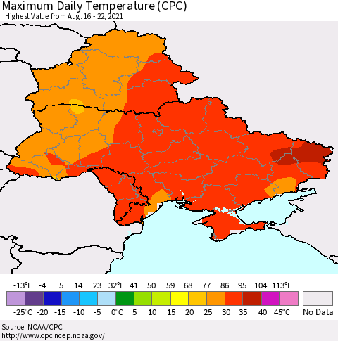 Ukraine, Moldova and Belarus Maximum Daily Temperature (CPC) Thematic Map For 8/16/2021 - 8/22/2021