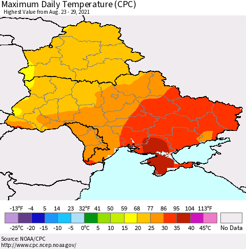Ukraine, Moldova and Belarus Extreme Maximum Temperature (CPC) Thematic Map For 8/23/2021 - 8/29/2021