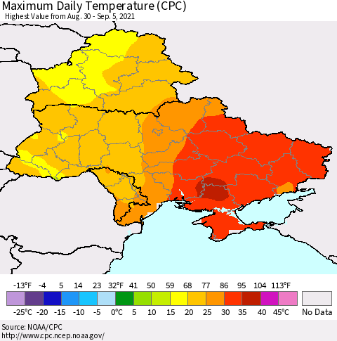 Ukraine, Moldova and Belarus Extreme Maximum Temperature (CPC) Thematic Map For 8/30/2021 - 9/5/2021