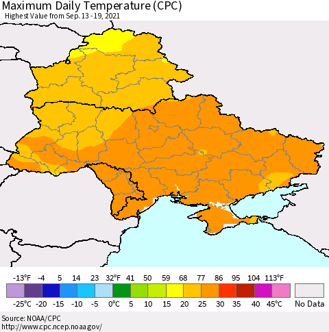 Ukraine, Moldova and Belarus Extreme Maximum Temperature (CPC) Thematic Map For 9/13/2021 - 9/19/2021