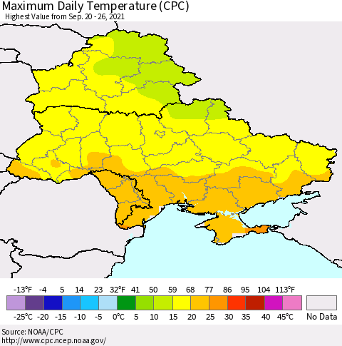 Ukraine, Moldova and Belarus Extreme Maximum Temperature (CPC) Thematic Map For 9/20/2021 - 9/26/2021