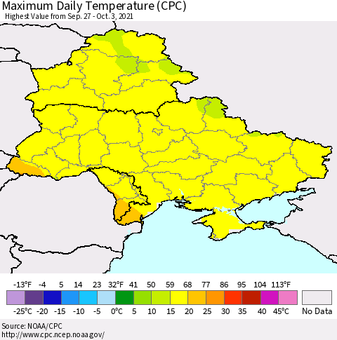 Ukraine, Moldova and Belarus Extreme Maximum Temperature (CPC) Thematic Map For 9/27/2021 - 10/3/2021