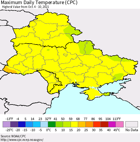 Ukraine, Moldova and Belarus Extreme Maximum Temperature (CPC) Thematic Map For 10/4/2021 - 10/10/2021