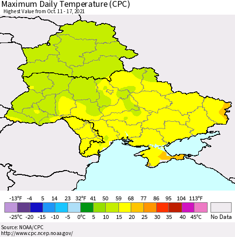 Ukraine, Moldova and Belarus Maximum Daily Temperature (CPC) Thematic Map For 10/11/2021 - 10/17/2021
