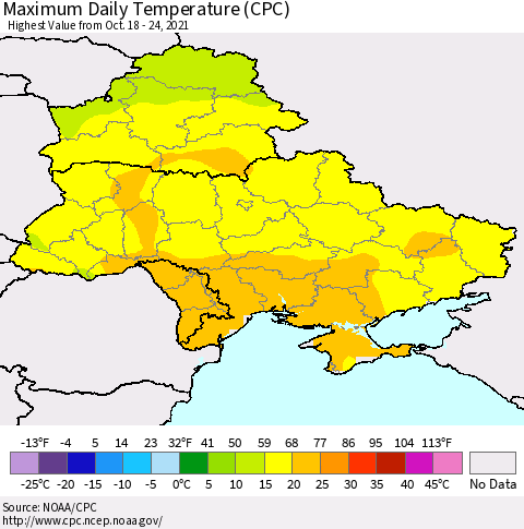 Ukraine, Moldova and Belarus Extreme Maximum Temperature (CPC) Thematic Map For 10/18/2021 - 10/24/2021