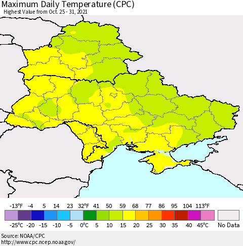 Ukraine, Moldova and Belarus Extreme Maximum Temperature (CPC) Thematic Map For 10/25/2021 - 10/31/2021