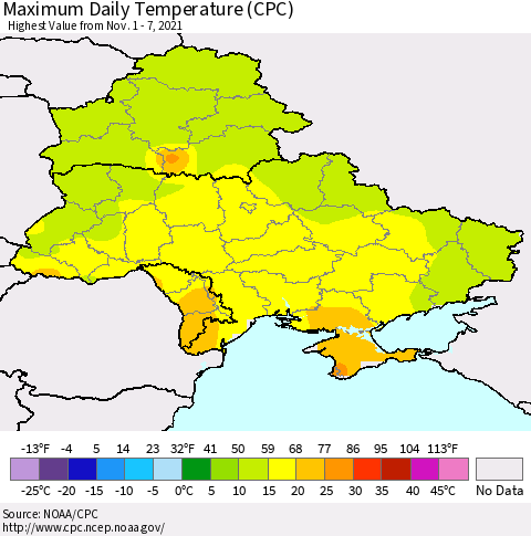 Ukraine, Moldova and Belarus Extreme Maximum Temperature (CPC) Thematic Map For 11/1/2021 - 11/7/2021