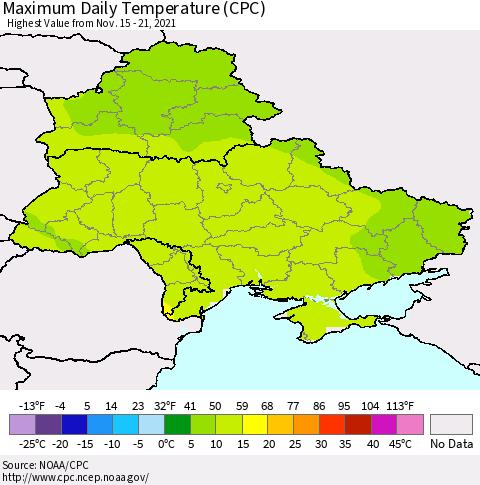 Ukraine, Moldova and Belarus Maximum Daily Temperature (CPC) Thematic Map For 11/15/2021 - 11/21/2021